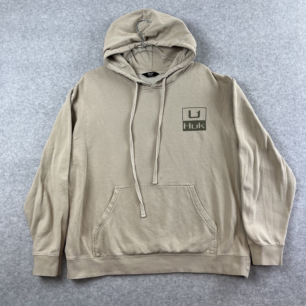 Men's Huk‎ Brown Cotton Fleece Hoodie Size Large Logo Pullover Spellout Adult L